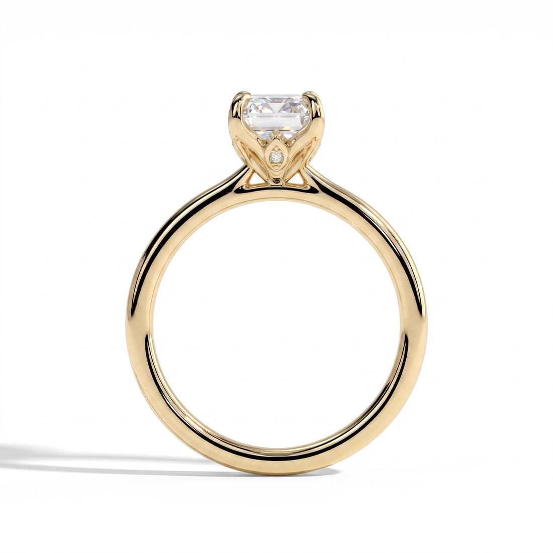 Emerald lab-grown diamond halo engagement ring in 14K (585) yellow gold, side profile 