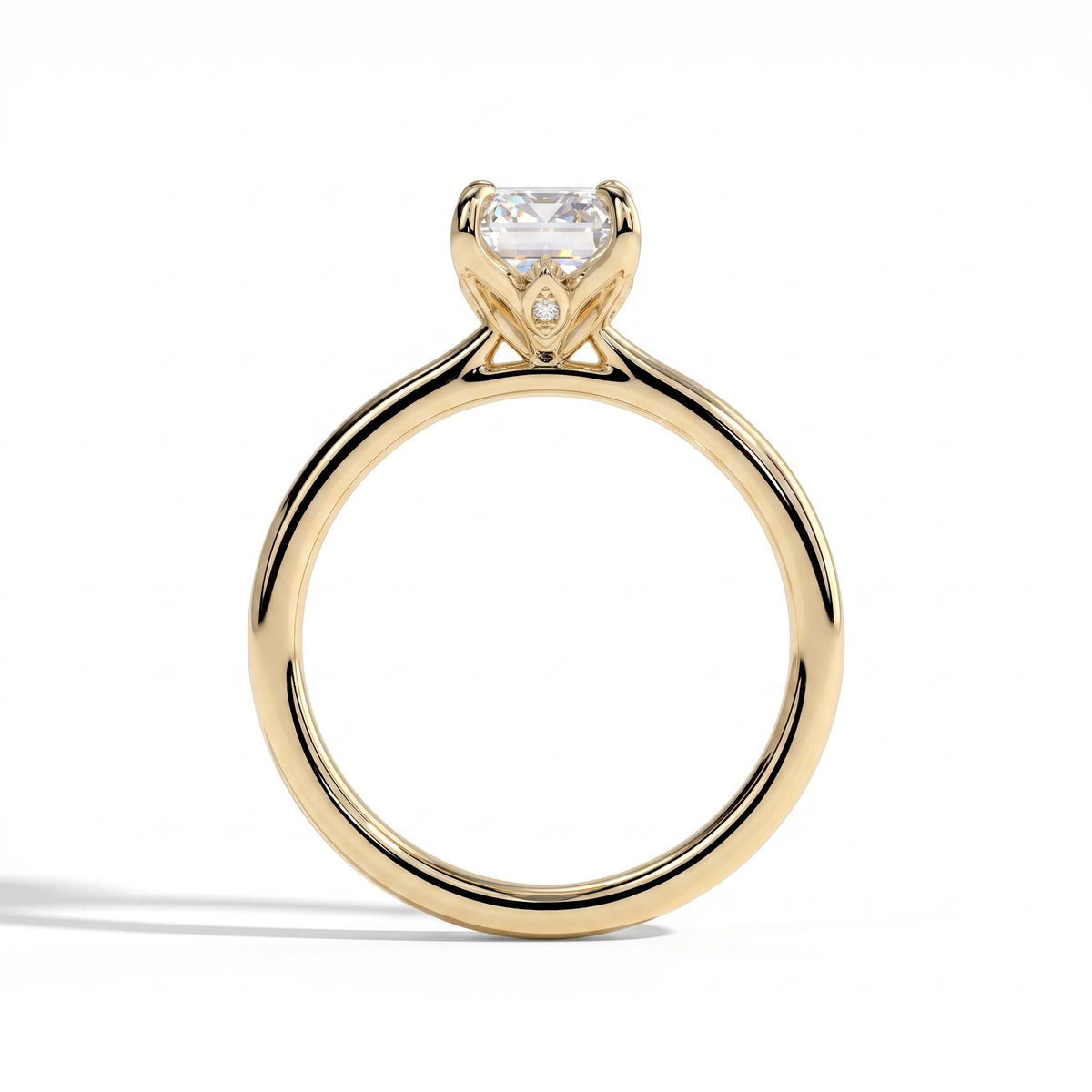 Emerald lab-grown diamond halo engagement ring in 14K (585) yellow gold, side profile 