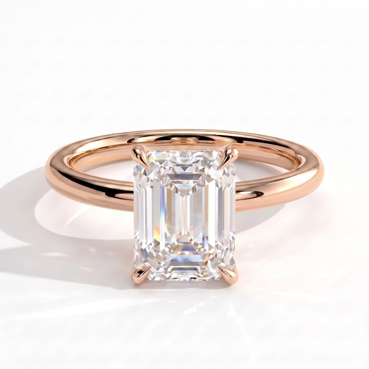 Emerald lab-grown diamond solitaire engagement ring in 18K (750) rose gold, front view 