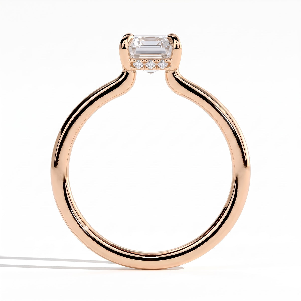 Emerald lab-grown diamond solitaire engagement ring in 18K (750) rose gold, side profile 