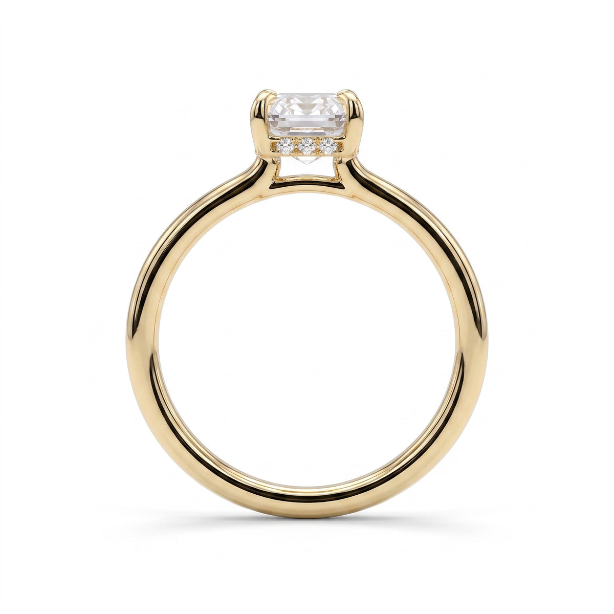 Emerald lab-grown diamond solitaire engagement ring in 18K (750) yellow gold, side profile 