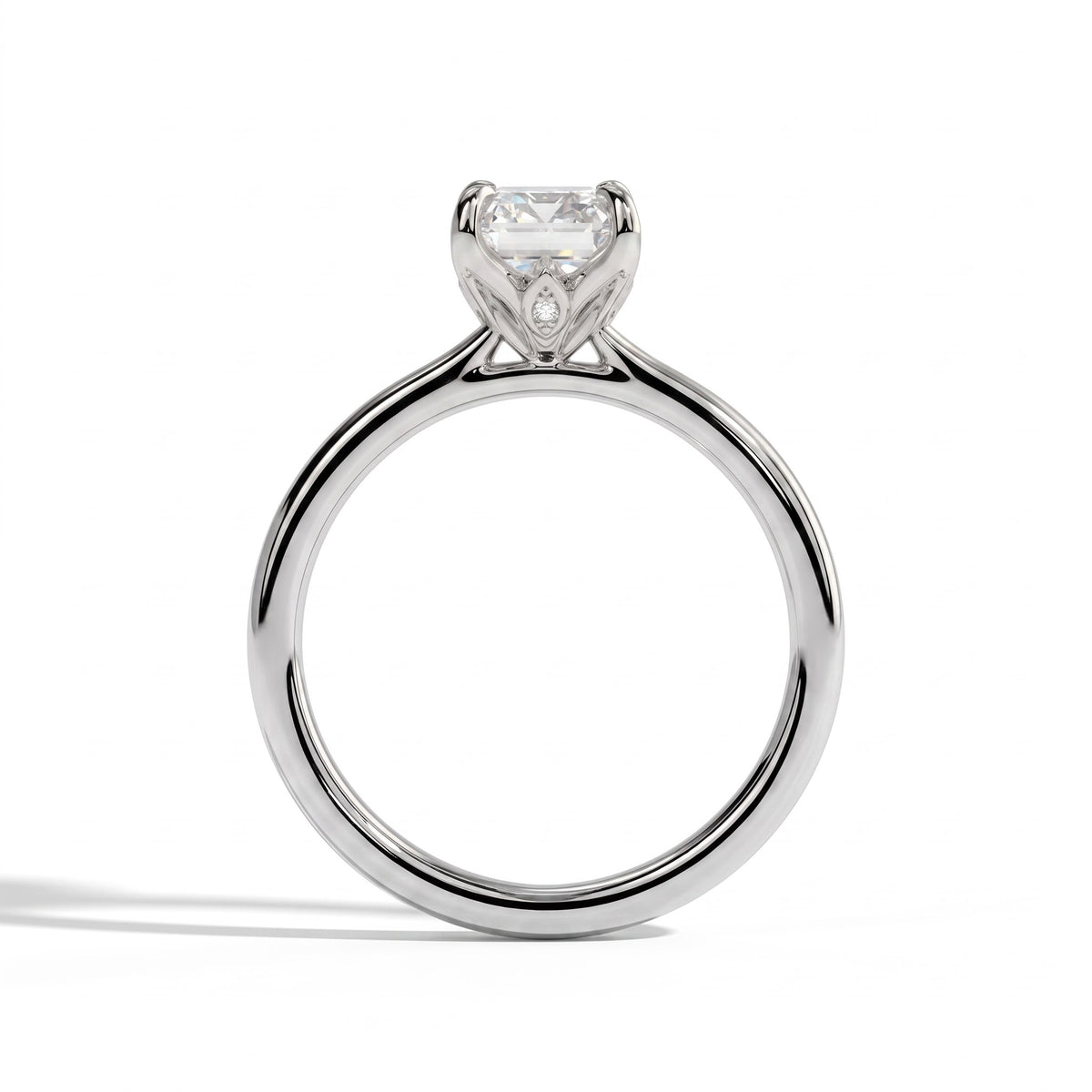 Emerald lab-grown diamond halo engagement ring in 18K (750) white gold, side profile 