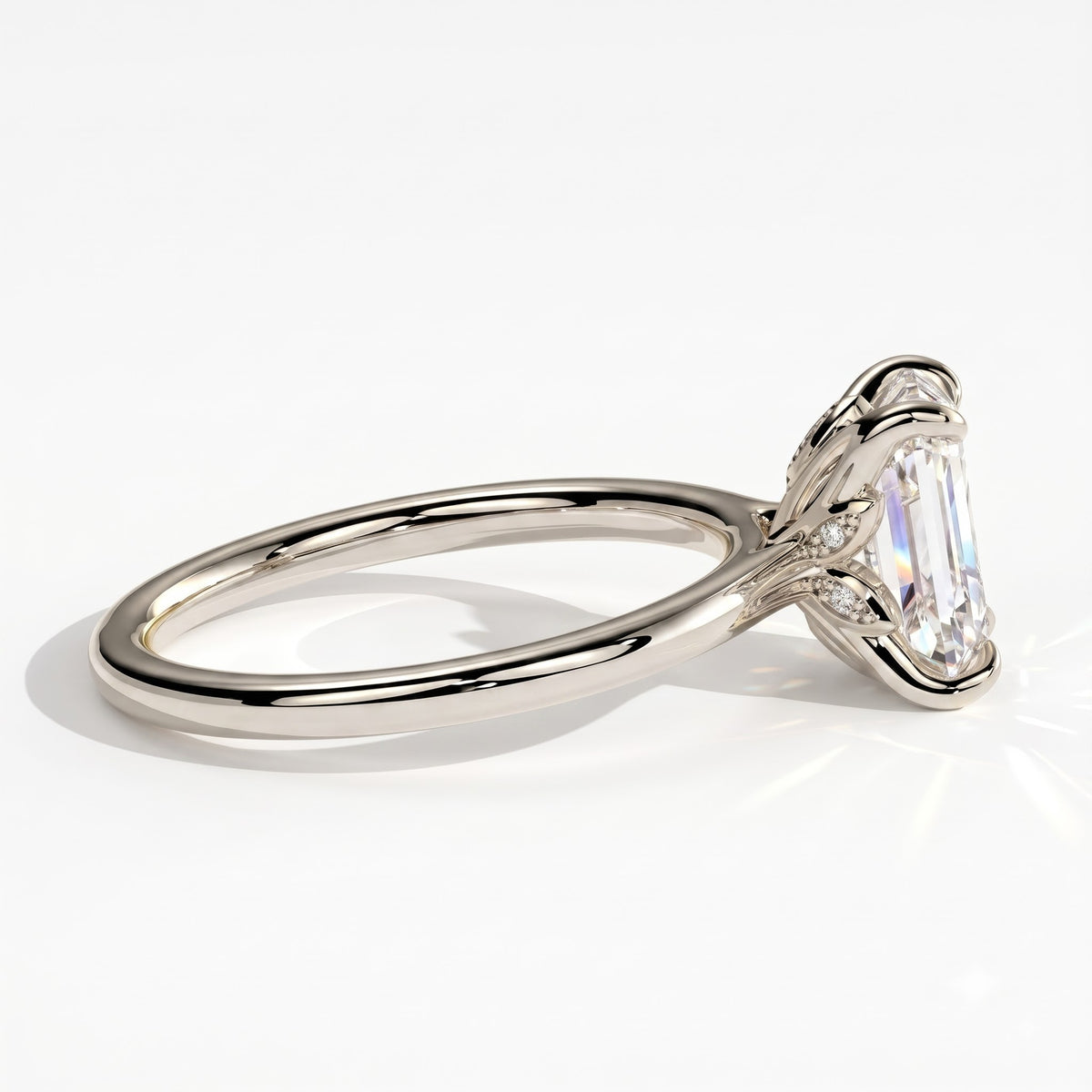 Emerald lab-grown diamond halo engagement ring in 18K (750) white gold, detail view 