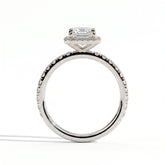 Emerald lab-grown diamond halo engagement ring in 14K (585) white gold, side profile 