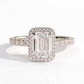 Emerald lab-grown diamond halo engagement ring in 14K (585) white gold, front view 