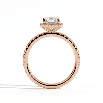 Emerald lab-grown diamond halo engagement ring in 14K (585) rose gold, side profile 