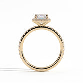 Emerald lab-grown diamond halo engagement ring in 18K (750) yellow gold, side profile 