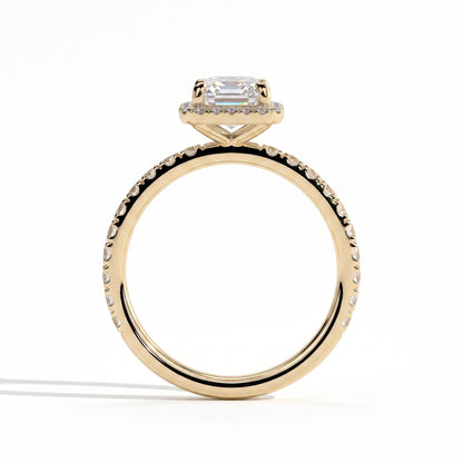 Emerald lab-grown diamond halo engagement ring in 18K (750) yellow gold, side profile 
