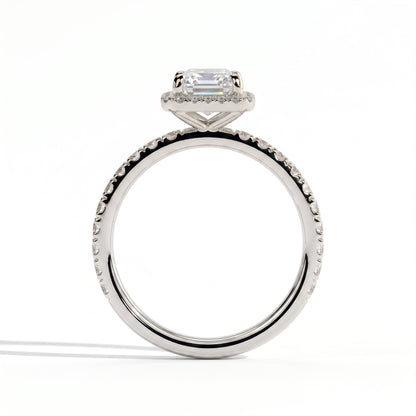 Emerald lab-grown diamond halo engagement ring in 18K (750) white gold, side profile 