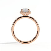 Emerald lab-grown diamond halo engagement ring in 18K (750) rose gold, side profile 