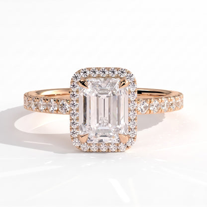 Emerald lab-grown diamond halo engagement ring in 18K (750) rose gold, front view 