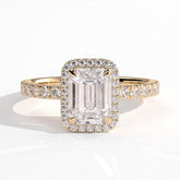 Emerald lab-grown diamond halo engagement ring in 18K (750) yellow gold, front view 