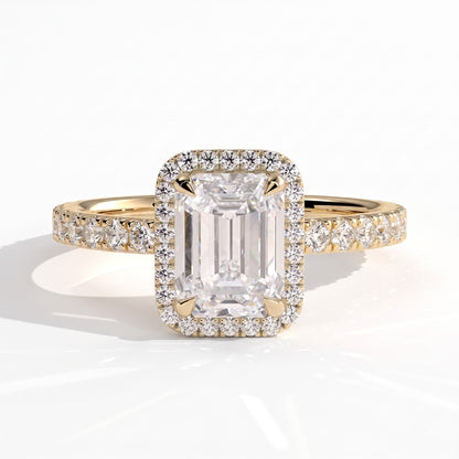 Emerald lab-grown diamond halo engagement ring in 18K (750) yellow gold, front view 