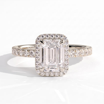 Emerald lab-grown diamond halo engagement ring in 950 platinum, front view 