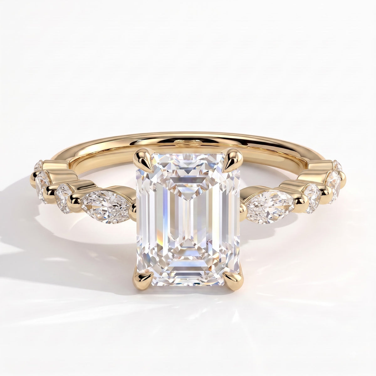 Emerald lab-grown diamond halo engagement ring in 14K (585) yellow gold, front view 
