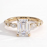 Emerald lab-grown diamond halo engagement ring in 14K (585) yellow gold, front view 