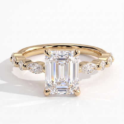 Emerald lab-grown diamond halo engagement ring in 14K (585) yellow gold, front view 