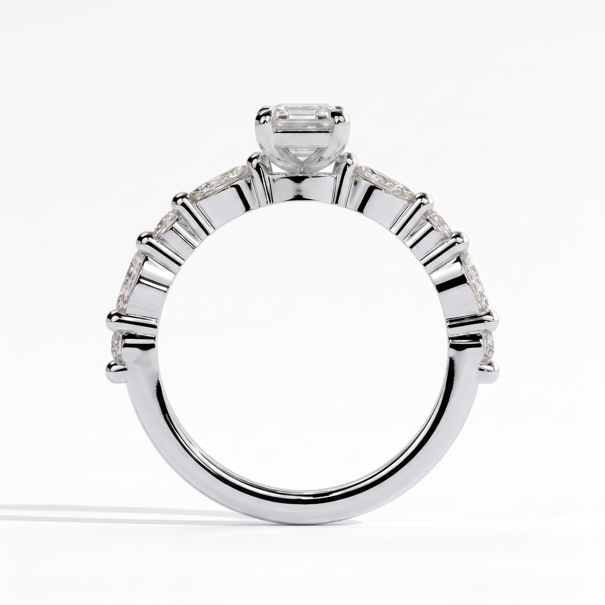 Emerald lab-grown diamond halo engagement ring in 14K (585) white gold, side profile 