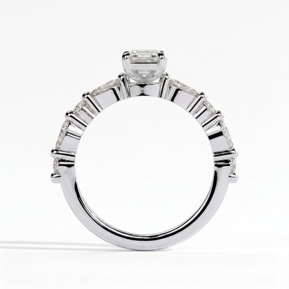 Emerald lab-grown diamond halo engagement ring in 14K (585) white gold, side profile 