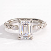 Emerald lab-grown diamond halo engagement ring in 14K (585) white gold, front view 
