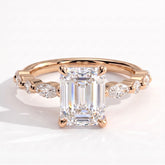 Emerald lab-grown diamond halo engagement ring in 14K (585) rose gold, front view 