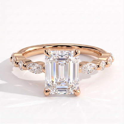 Emerald lab-grown diamond halo engagement ring in 14K (585) rose gold, front view 