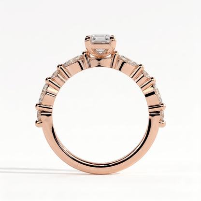 Emerald lab-grown diamond halo engagement ring in 14K (585) rose gold, side profile 