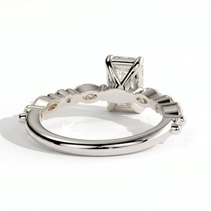 Emerald lab-grown diamond halo engagement ring in 14K (585) white gold, on white background 