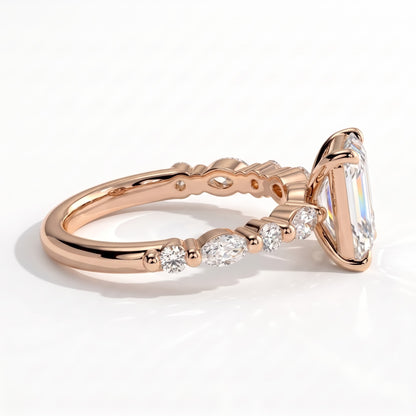 Emerald lab-grown diamond halo engagement ring in 14K (585) rose gold, detail view 