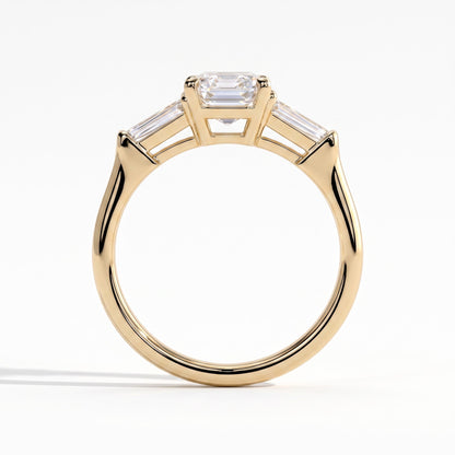 Emerald lab-grown diamond three-stone engagement ring in 14K (585) yellow gold, side profile 