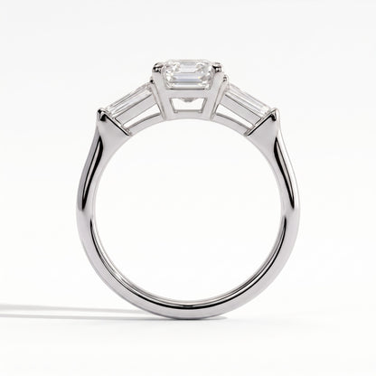Emerald lab-grown diamond three-stone engagement ring in 14K (585) white gold, side profile 