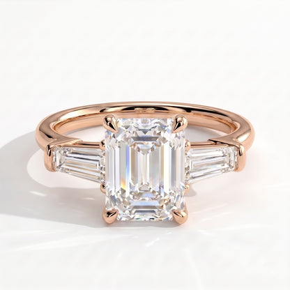 Emerald lab-grown diamond three-stone engagement ring in 14K (585) rose gold, front view 