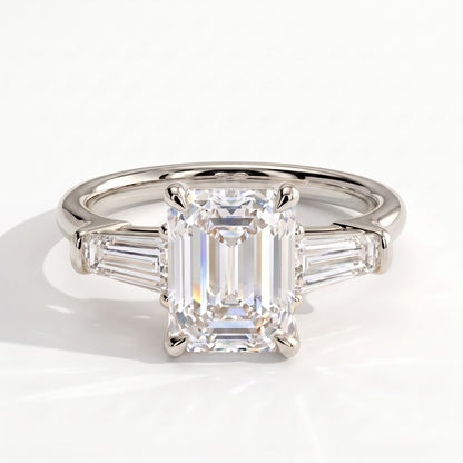 Emerald lab-grown diamond three-stone engagement ring in 14K (585) white gold, front view 
