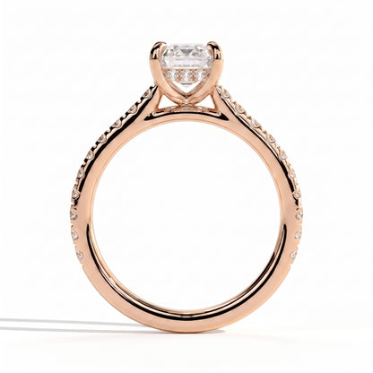 Emerald lab-grown diamond halo engagement ring in 14K (585) rose gold, side profile 