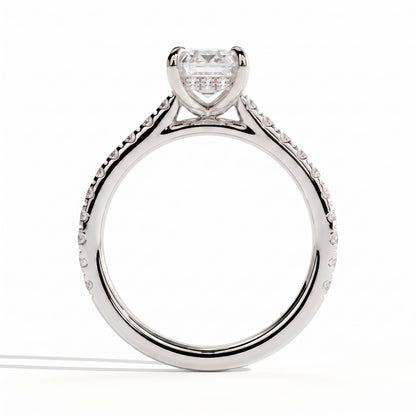 Emerald lab-grown diamond halo engagement ring in 14K (585) white gold, side profile 