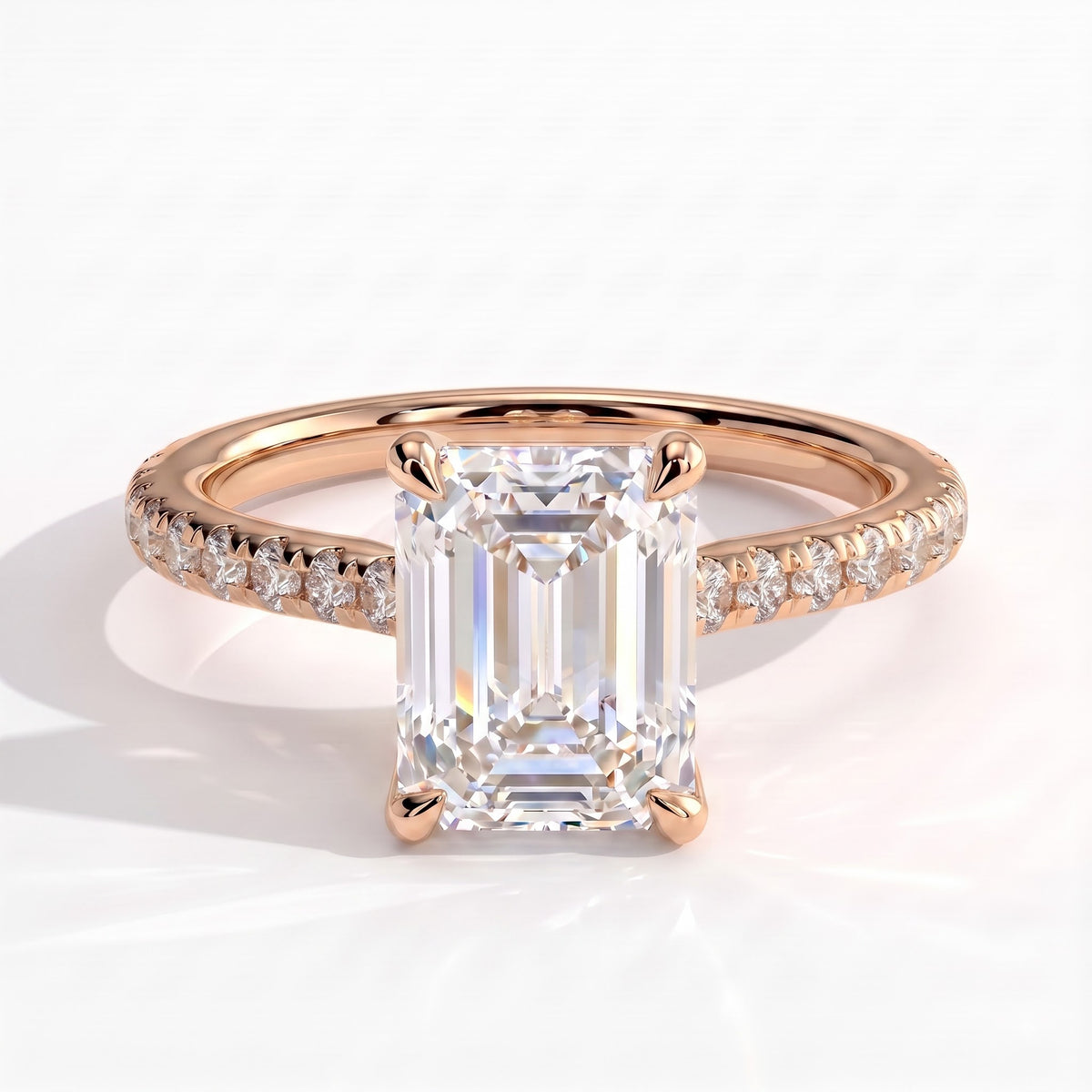 Emerald lab-grown diamond halo engagement ring in 14K (585) rose gold, front view 