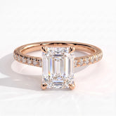 Emerald lab-grown diamond halo engagement ring in 14K (585) rose gold, front view 
