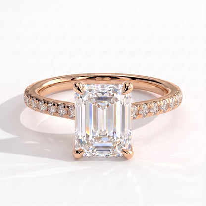 Emerald lab-grown diamond halo engagement ring in 14K (585) rose gold, front view 