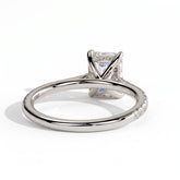 Emerald lab-grown diamond halo engagement ring in 14K (585) white gold, on white background 