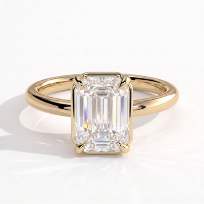 Emerald lab-grown diamond bezel-set solitaire engagement ring in 14K (585) yellow gold, front view 