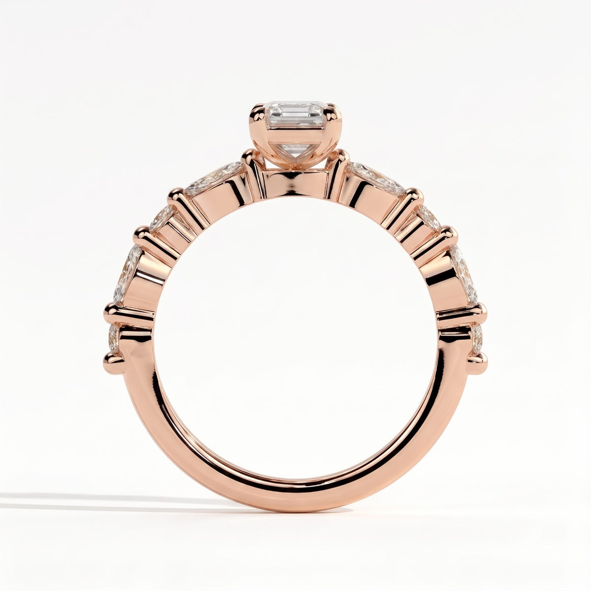 Emerald lab-grown diamond halo engagement ring in 18K (750) rose gold, side profile 