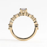 Emerald lab-grown diamond halo engagement ring in 18K (750) yellow gold, side profile 