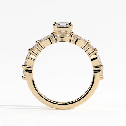 Emerald lab-grown diamond halo engagement ring in 18K (750) yellow gold, side profile 