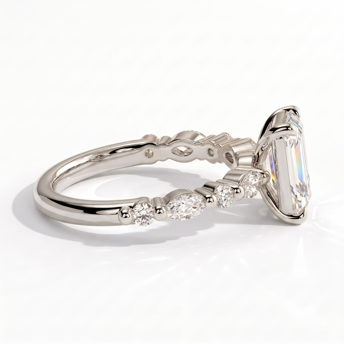 Emerald lab-grown diamond halo engagement ring in 18K (750) white gold, detail view 