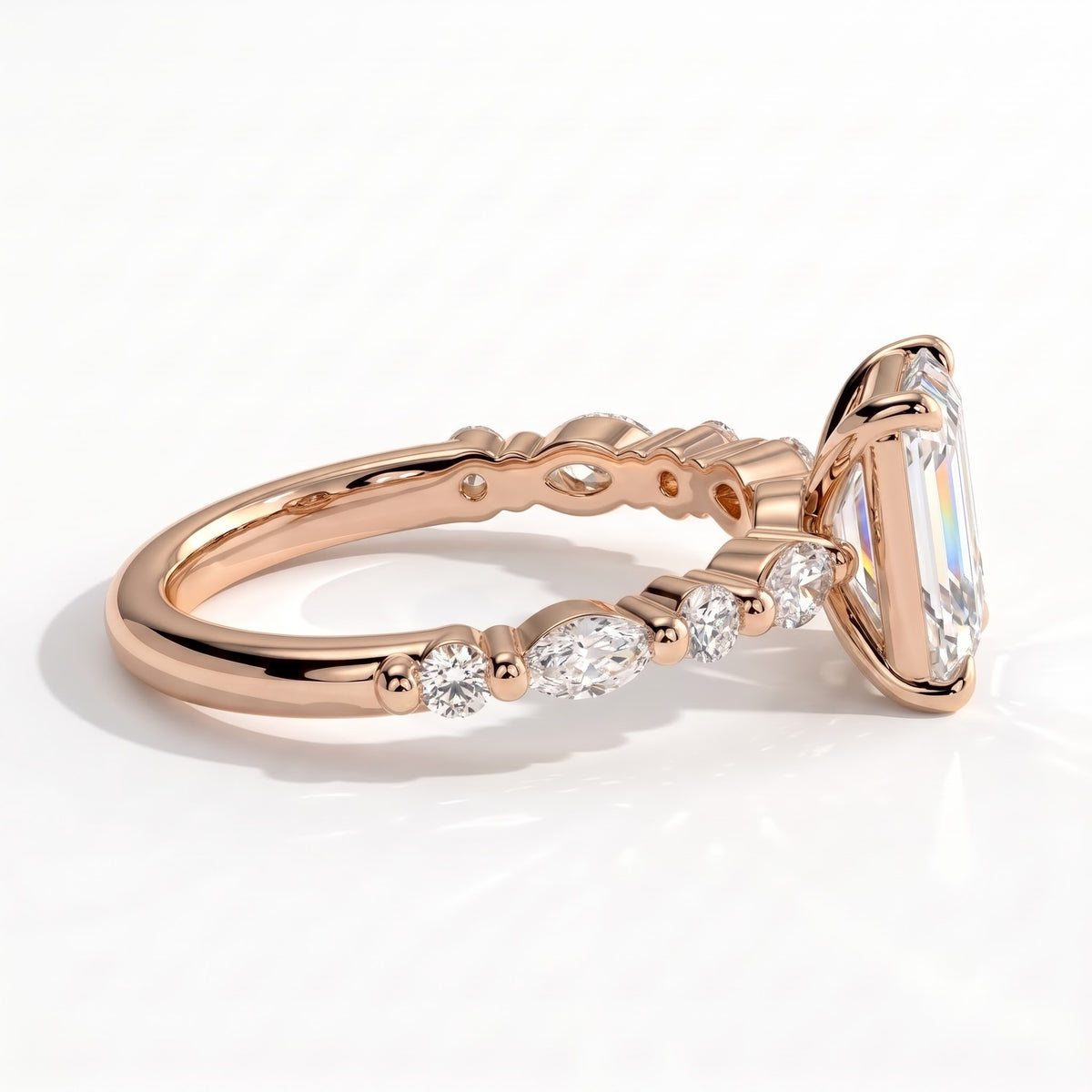 Emerald lab-grown diamond halo engagement ring in 18K (750) rose gold, detail view 