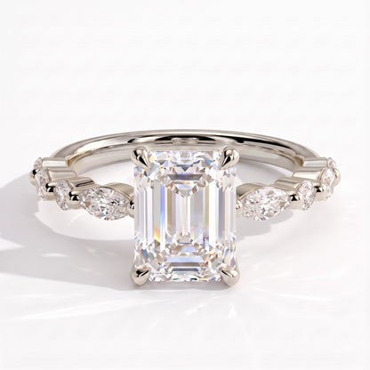Emerald lab-grown diamond halo engagement ring in 18K (750) white gold, front view 