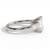 Emerald lab-grown diamond three-stone engagement ring in 18K (750) white gold, detail view 