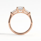Emerald lab-grown diamond three-stone engagement ring in 18K (750) rose gold, side profile 