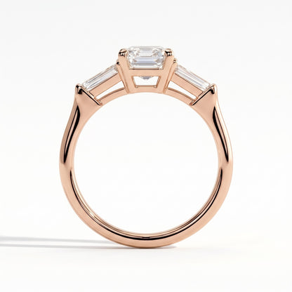 Emerald lab-grown diamond three-stone engagement ring in 18K (750) rose gold, side profile 
