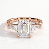 Emerald lab-grown diamond three-stone engagement ring in 18K (750) rose gold, front view 